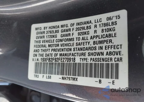 2015 Honda Civic Ex-L from USA, damaged, VIN 19XFB2F92FE270918